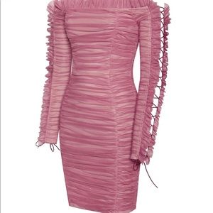 Rose off shoulder ruched mesh dress